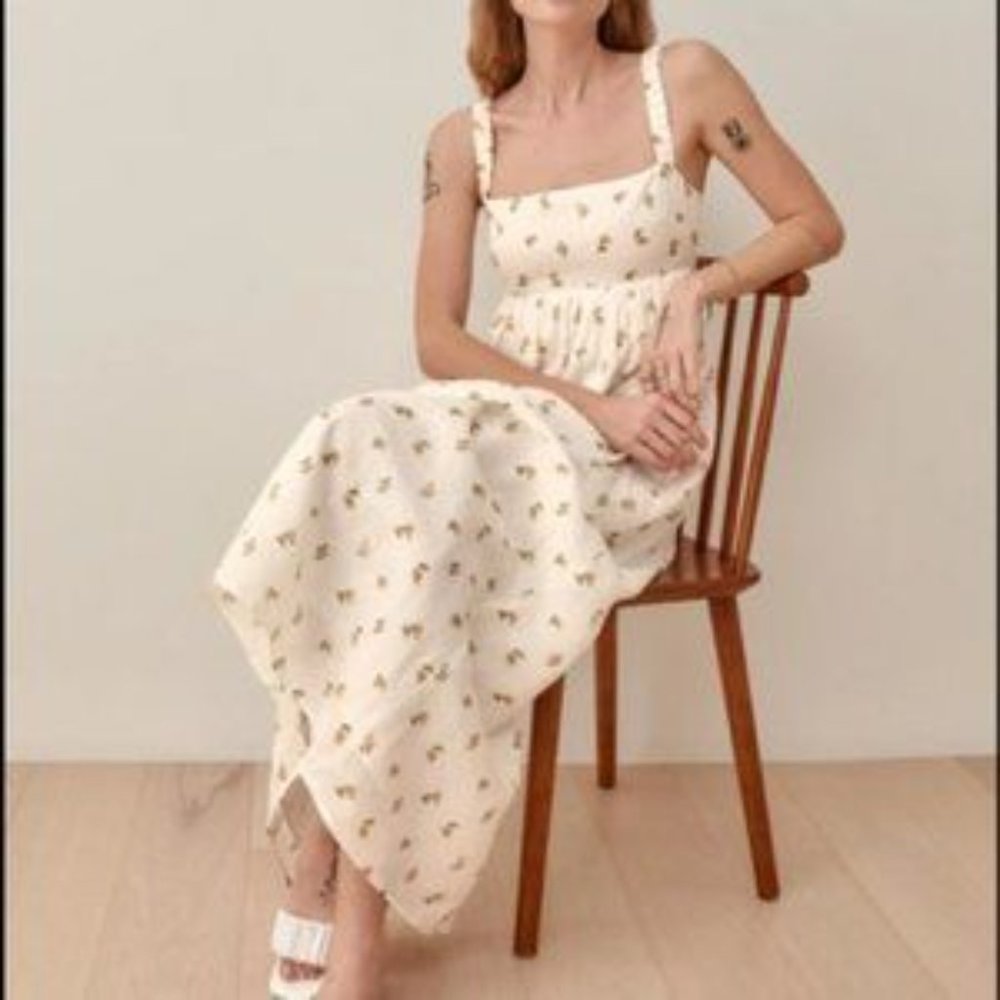 Reformation Tana Linen Floral Maxi Dress in Rosebud Size M NWT